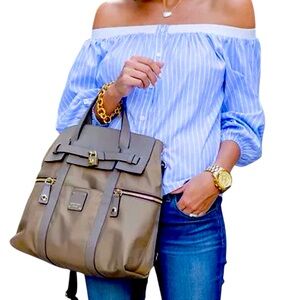 Off Shoulder Pin Stripe Shirt Women Color Blue & White Size M